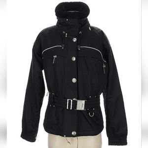 Vintage 90s Marker Fur Collar Reflective Black Ski Jacket with Belt Insulated 4